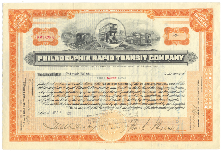 Philadelphia Rapid Transit Company Stock Certificate