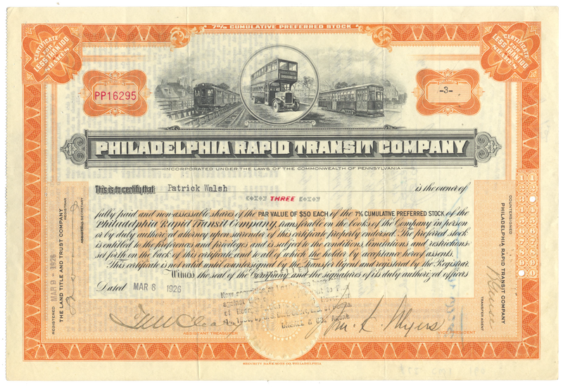 Philadelphia Rapid Transit Company Stock Certificate