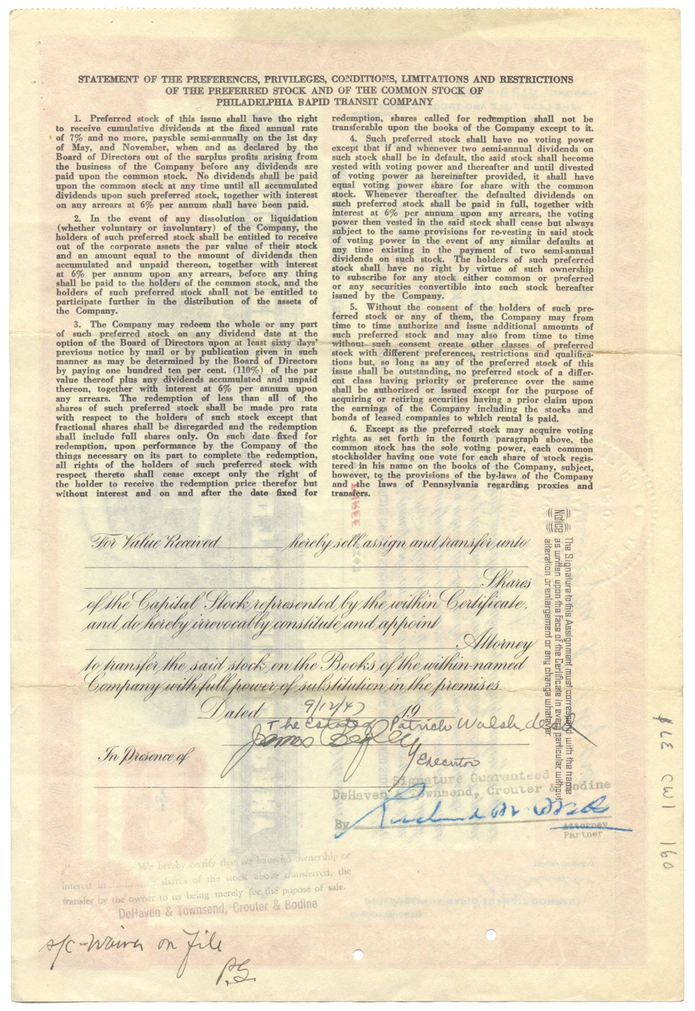 Philadelphia Rapid Transit Company Stock Certificate