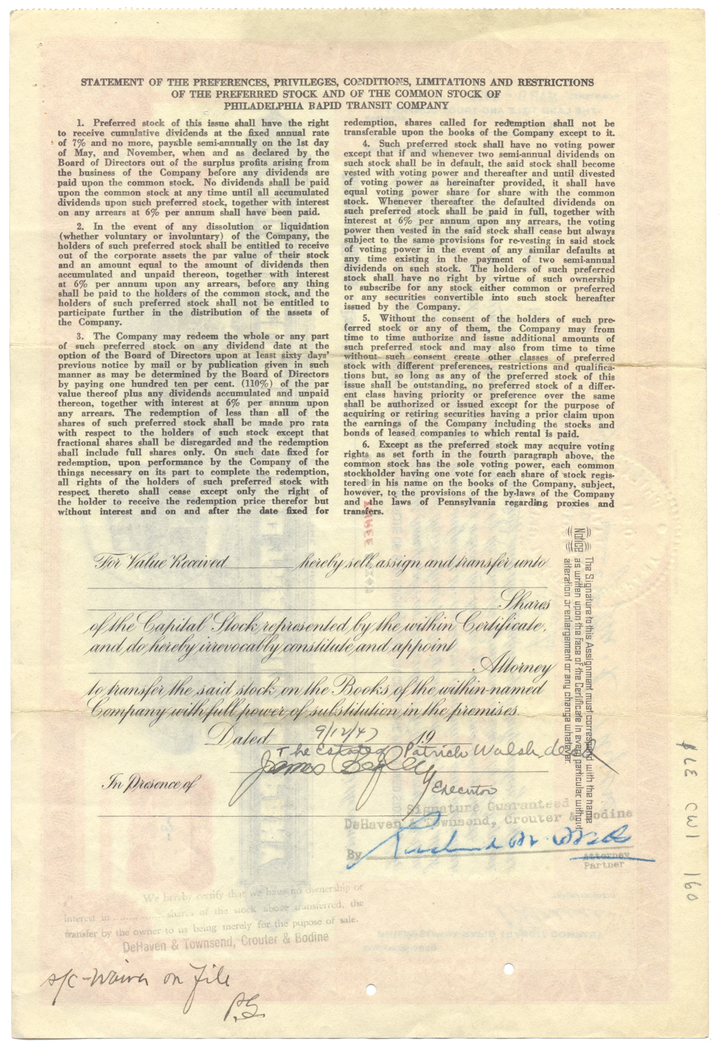 Philadelphia Rapid Transit Company Stock Certificate