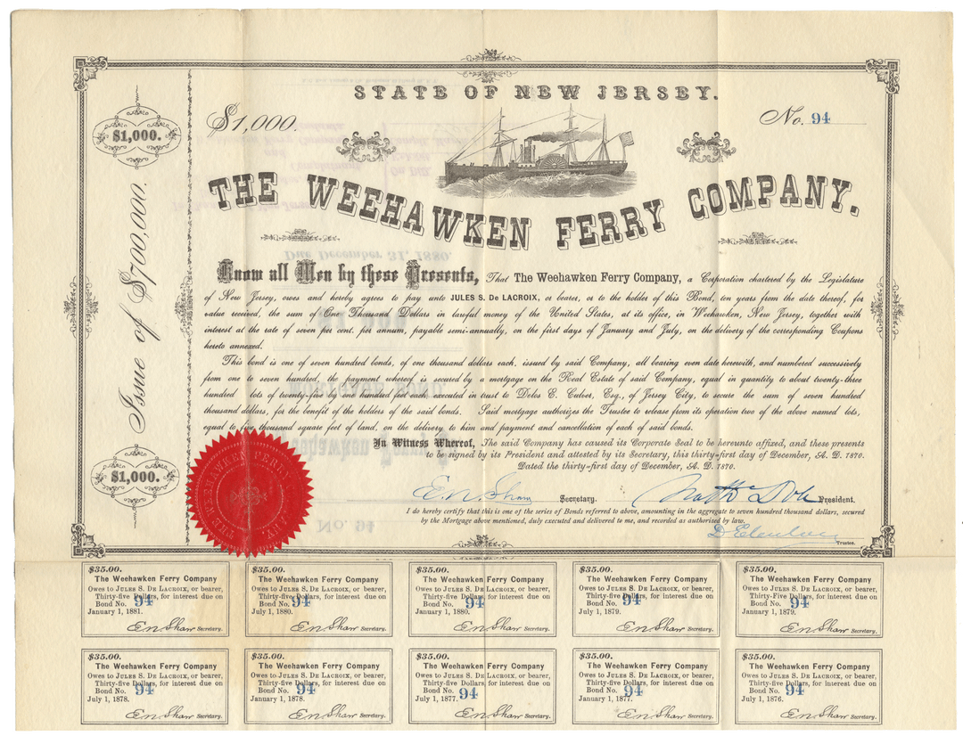 Historical document of The Weehawken Ferry Company from the State of New Jersey with a red seal dated 1870