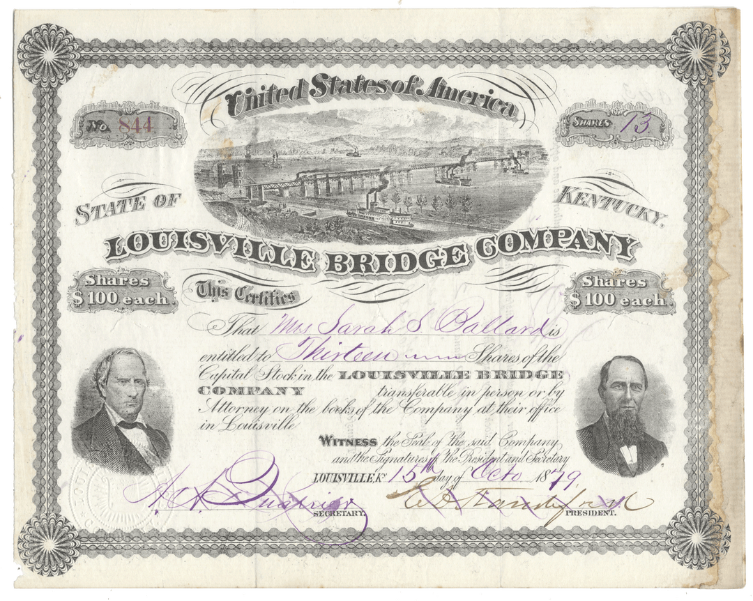 Historical stock certificate for the Louisville Bridge Company with engraved portraits and text.
