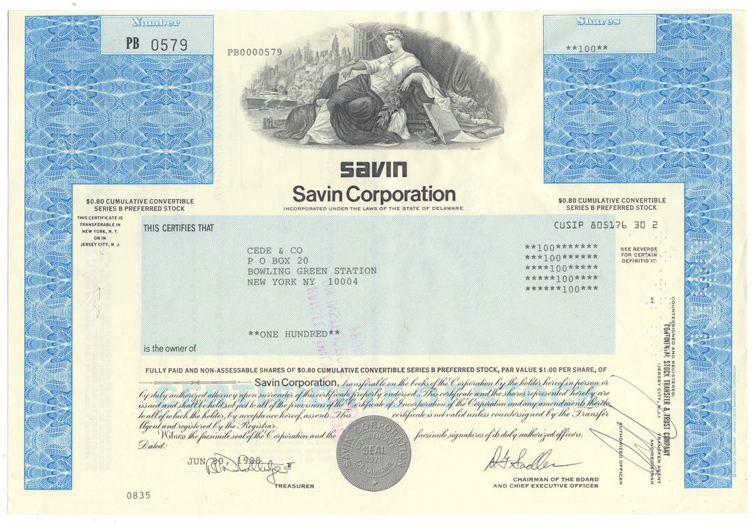 Savin Corporation Stock Certificate