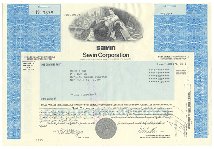 Savin Corporation Stock Certificate