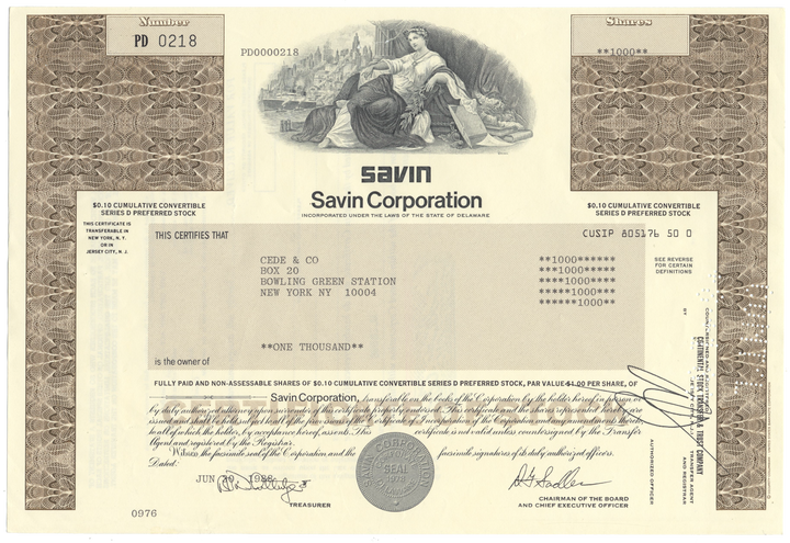 Savin Corporation Stock Certificate