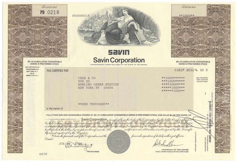 Savin Corporation Stock Certificate