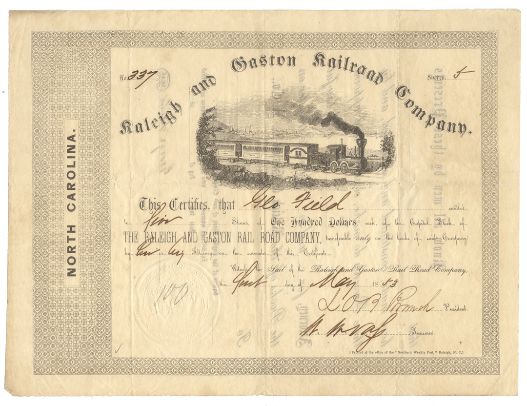 Raleigh and Gaston Rail Road Company Stock Certificate Signed by Lawrence Branch
