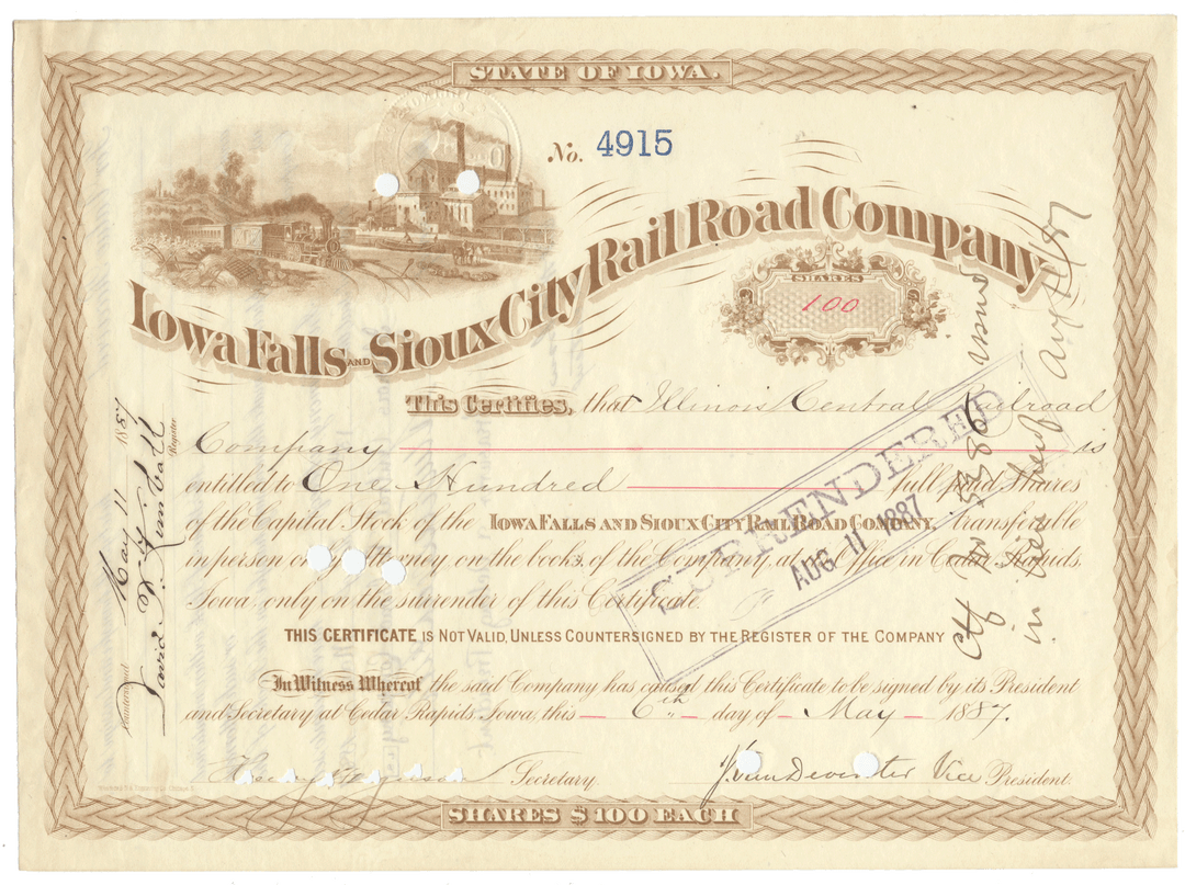 Iowa Falls and Sioux City Rail Road Company stock certificate dated 1887 and Signed by Stuyvesant Fish