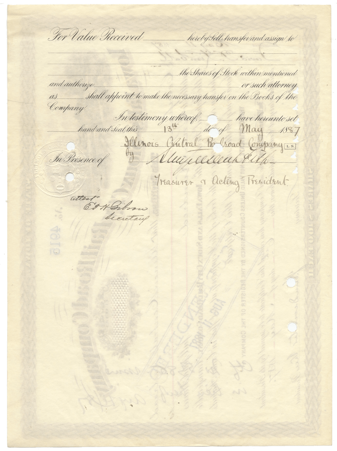 Iowa Falls and Sioux City Rail Road Company stock certificate dated 1887 and Signed by Stuyvesant Fish