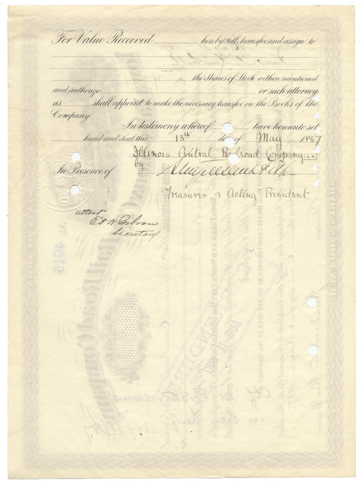Iowa Falls and Sioux City Rail Road Company stock certificate dated 1887 and Signed by Stuyvesant Fish