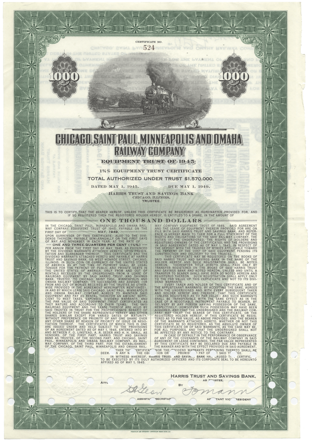 Historical bond certificate for the Chicago, Saint Paul, Minneapolis and Omaha Railway Company with a green border.