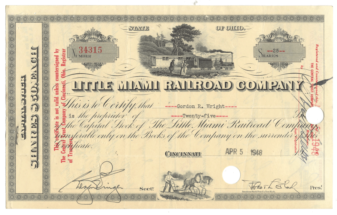 Vintage stock certificate of the Little Miami Railroad Company