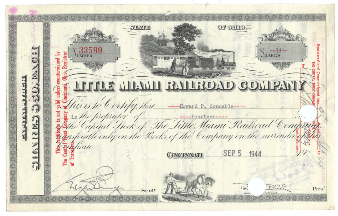 A vintage stock certificate for the Little Miami Railroad Company, dated September 5, 1944.