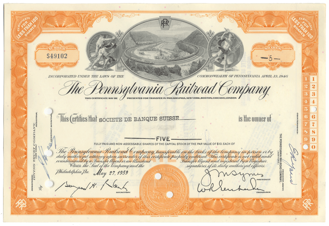 Historical stock certificate of The Pennsylvania Railroad Company with Horseshoe Curve vignette