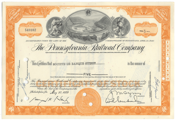 Historical stock certificate of The Pennsylvania Railroad Company with Horseshoe Curve vignette
