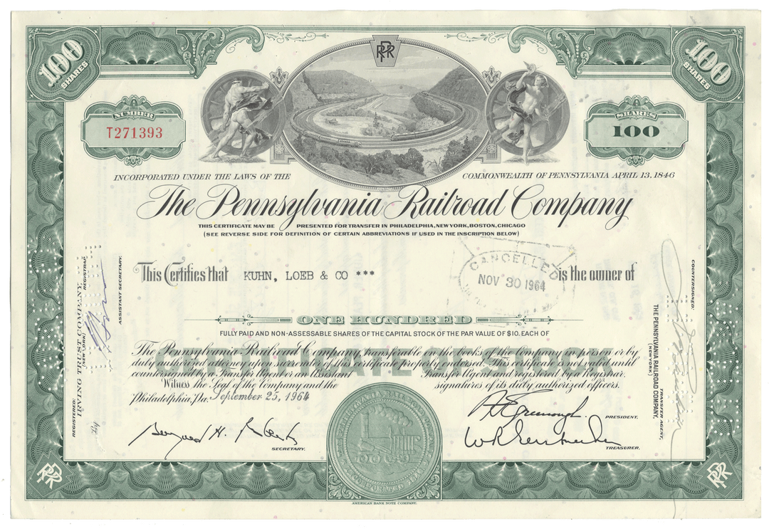 Historical stock certificate of the Pennsylvania Railroad Company with Horseshoe Curve vignette
