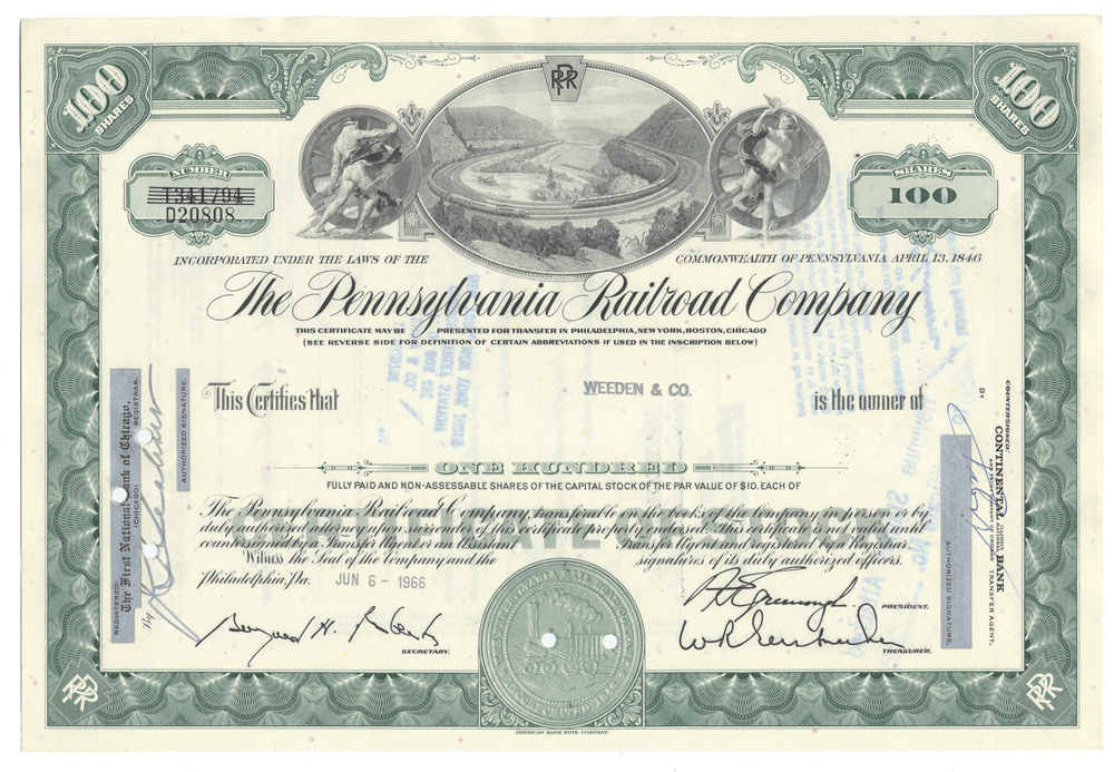 Stock certificate of the Pennsylvania Railroad Company from 1966