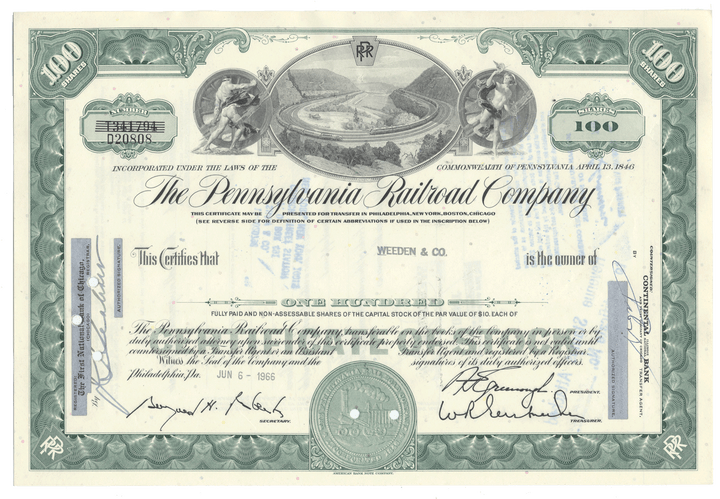 Stock certificate of the Pennsylvania Railroad Company from 1966