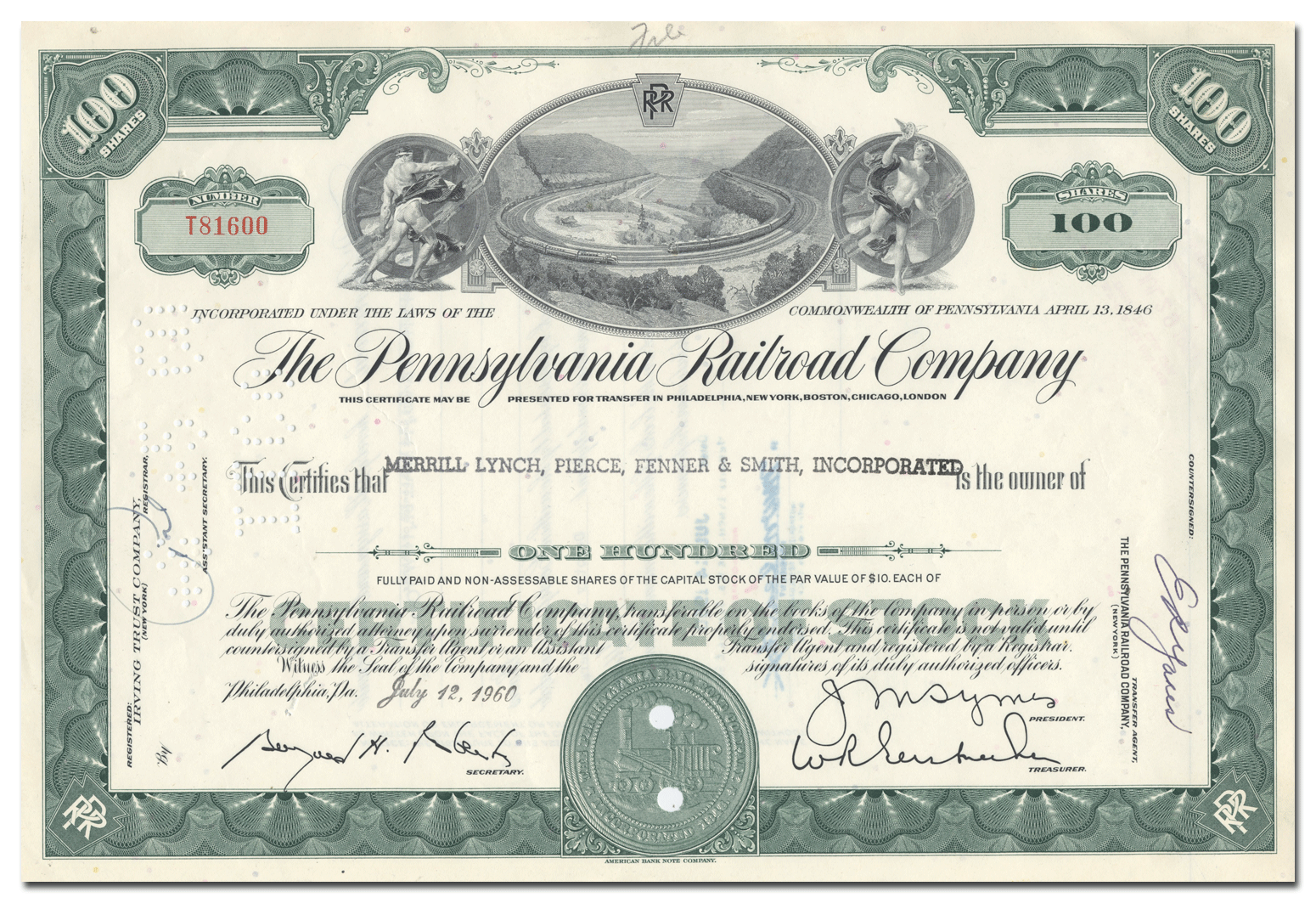 A vintage stock certificate for The Pennsylvania Railroad Company, dating back to 1960
