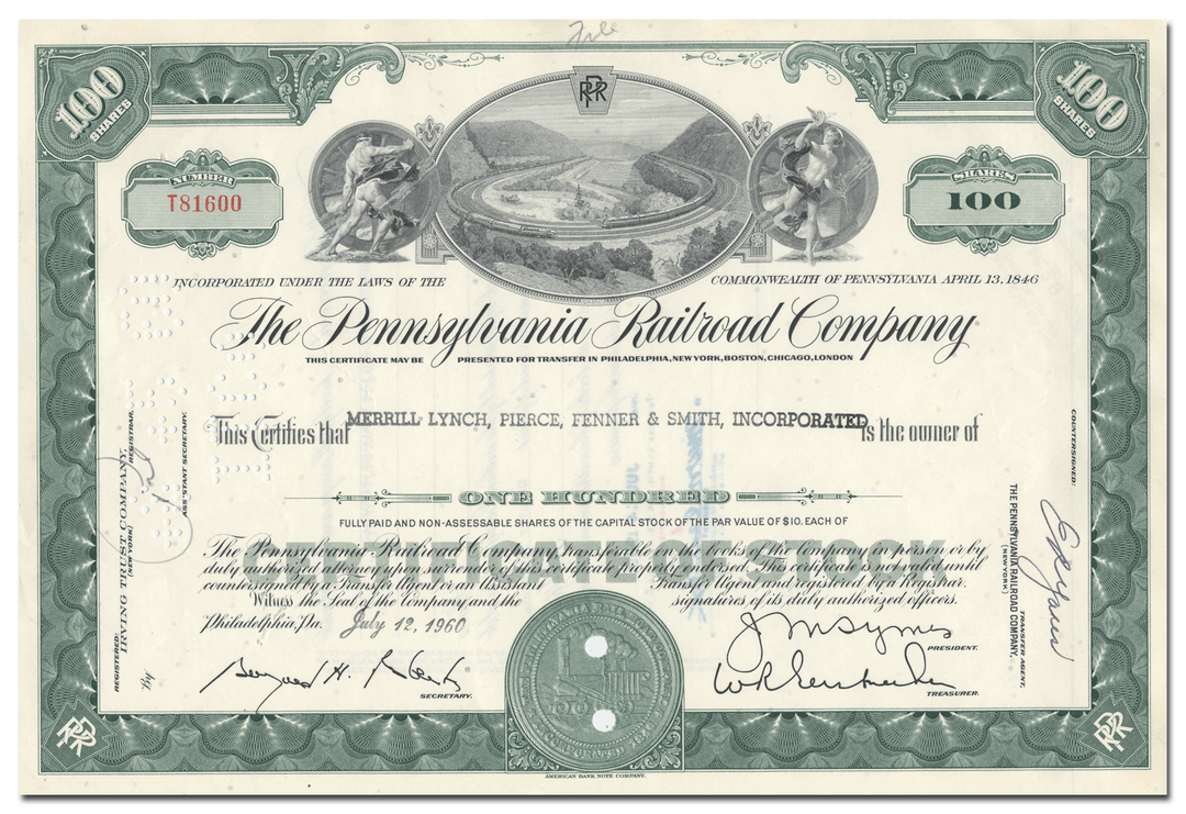 A vintage stock certificate for The Pennsylvania Railroad Company, dating back to 1960