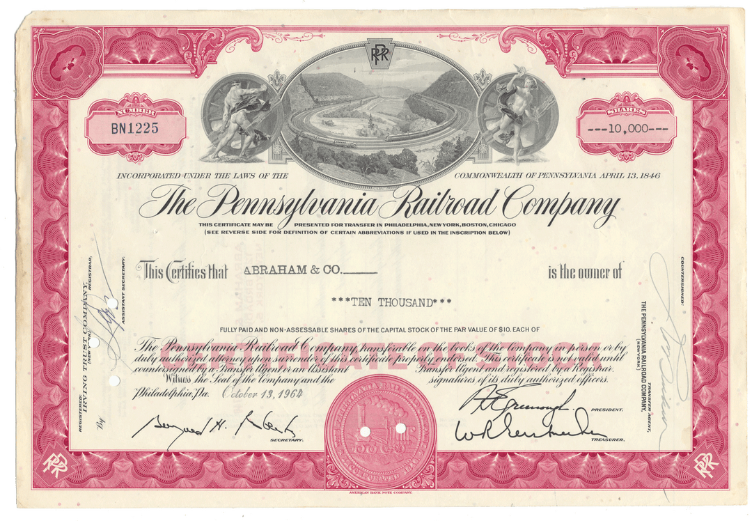 Vintage stock certificate of The Pennsylvania Railroad Company from 1964