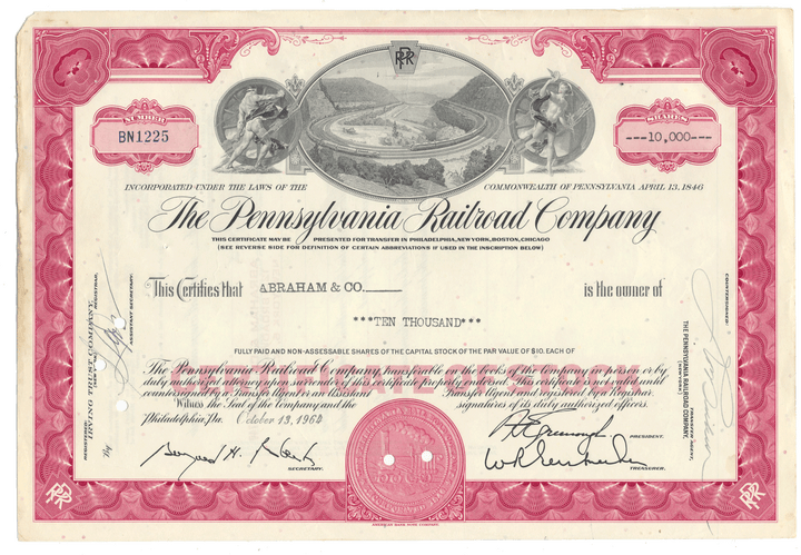 Vintage stock certificate of The Pennsylvania Railroad Company from 1964