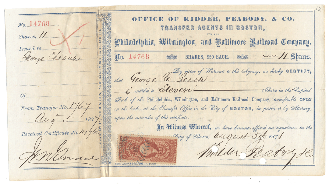 Vintage stock certificate from Philadelphia, Wilmington, and Baltimore Railroad Company with a revenue stamp.