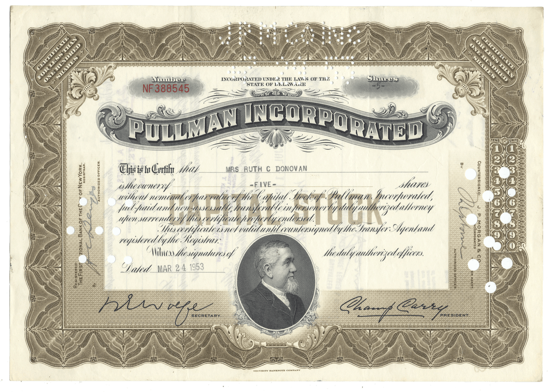 Stock certificate from Pullman Incorporated from 1953