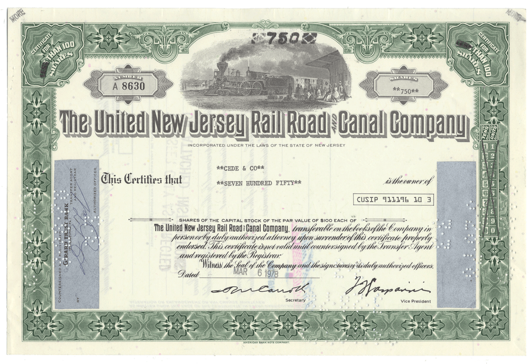 Historical stock certificate of the United New Jersey Rail Road & Canal Company with a steam locomotive illustration.