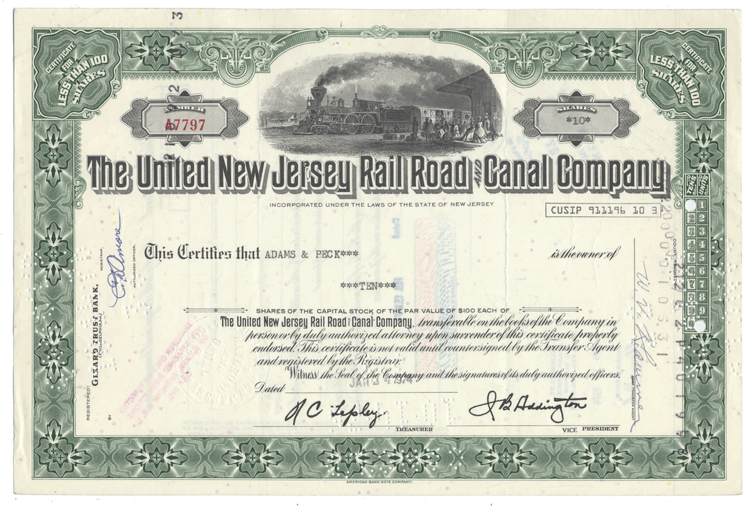 Historical stock certificate of The United New Jersey Rail Road & Canal Company from 1974