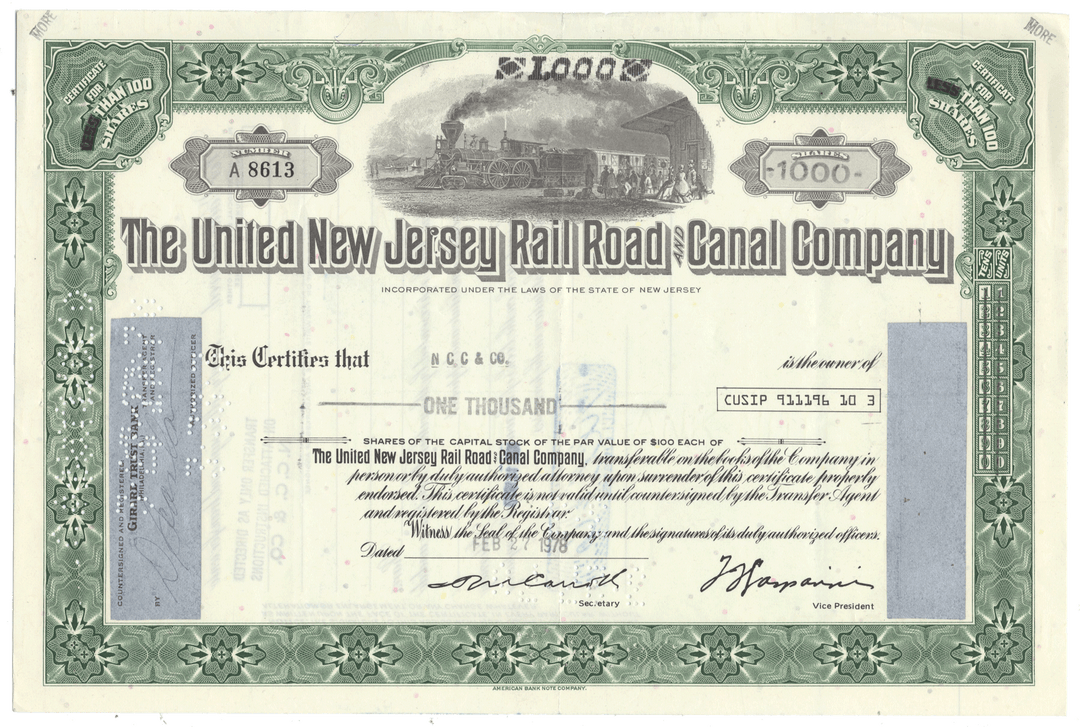 Historical stock certificate of The United New Jersey Rail Road and Canal Company with a green border and steam locomotive illustration.
