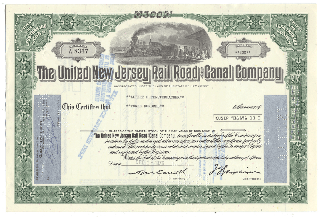 Historical stock certificate of The United New Jersey Rail Road & Canal Company from 1976