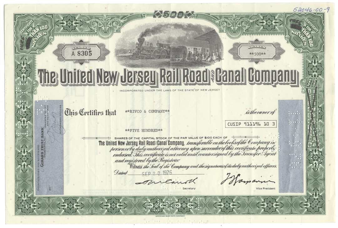 Historical stock certificate for The United New Jersey Rail Road and Canal Company with a green border and steam locomotive illustration.