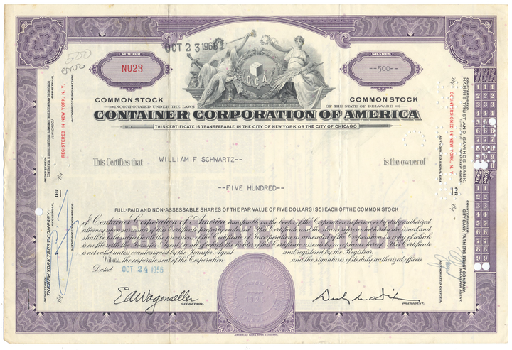 Container Corporation of America Stock Certificate