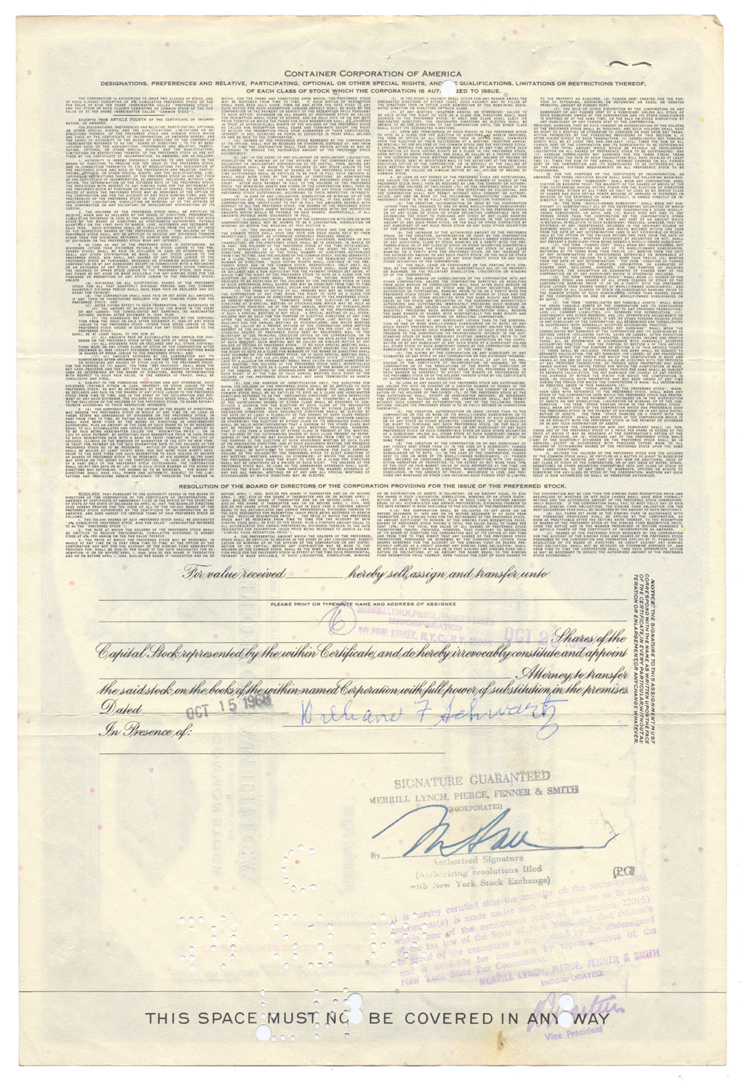 Container Corporation of America Stock Certificate