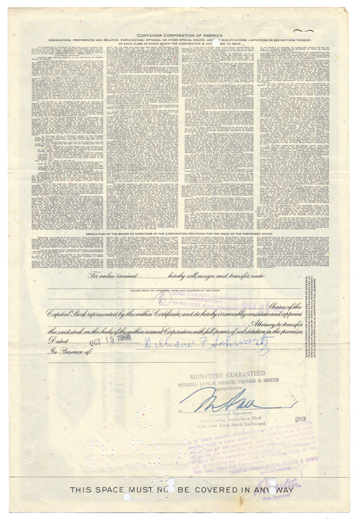 Container Corporation of America Stock Certificate