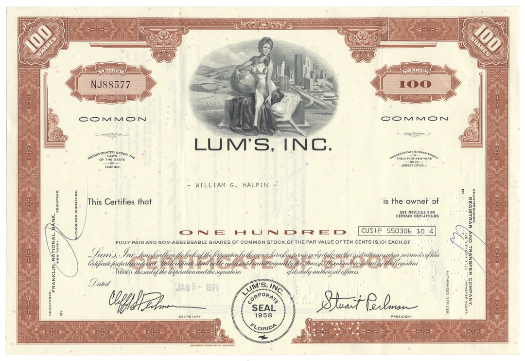 Lum's, Inc. Stock Certificate