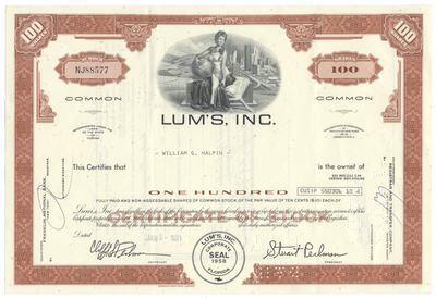 Lum's, Inc. Stock Certificate