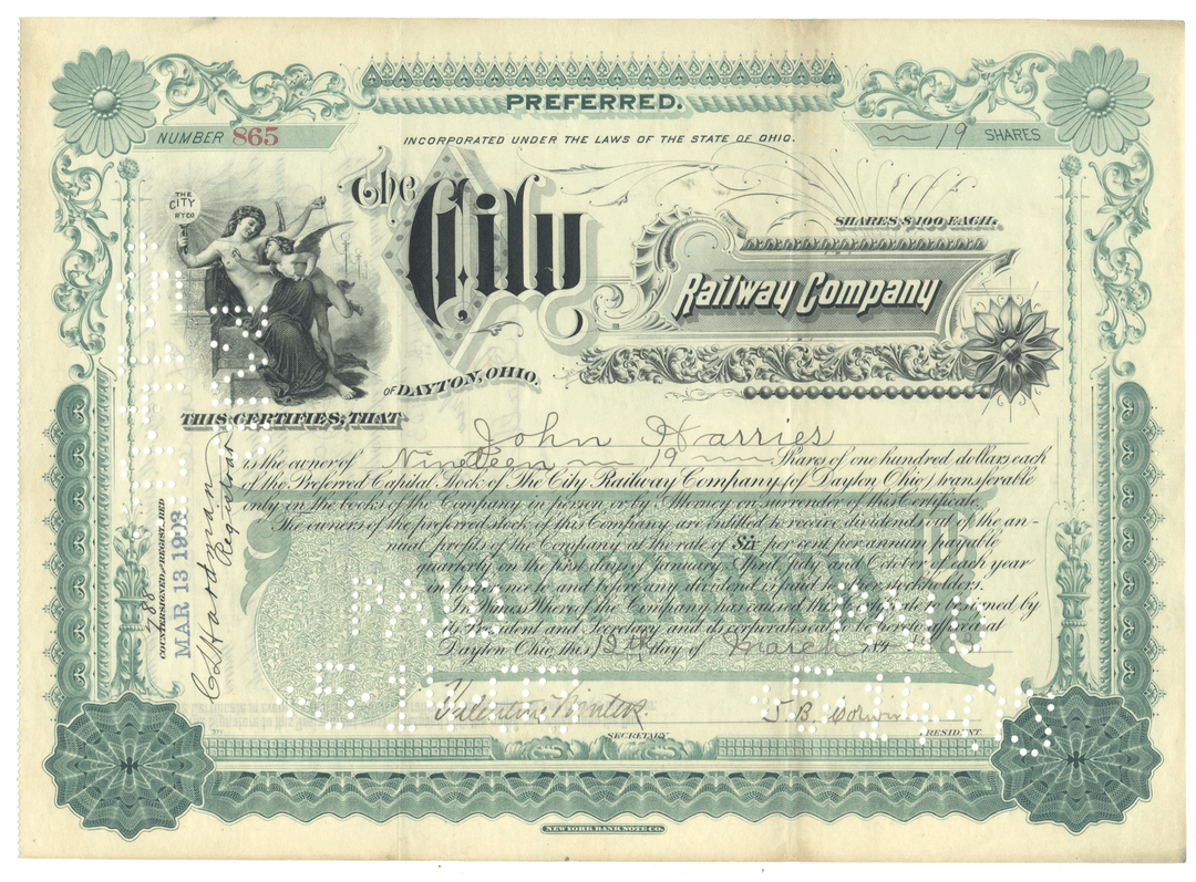 Vintage stock certificate of the City Railway Company of Daytoin, Ohio with decorative elements and text.