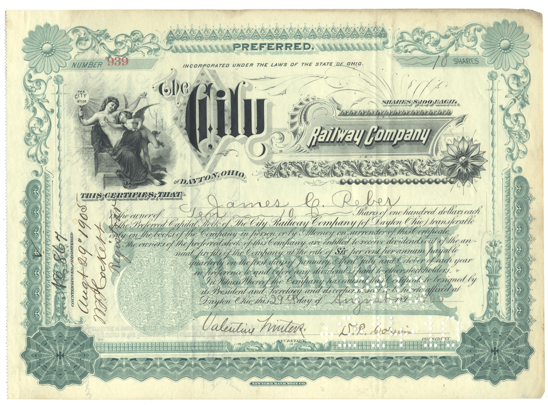 Vintage stock certificate of the City Railway Company of Dayton from 1905