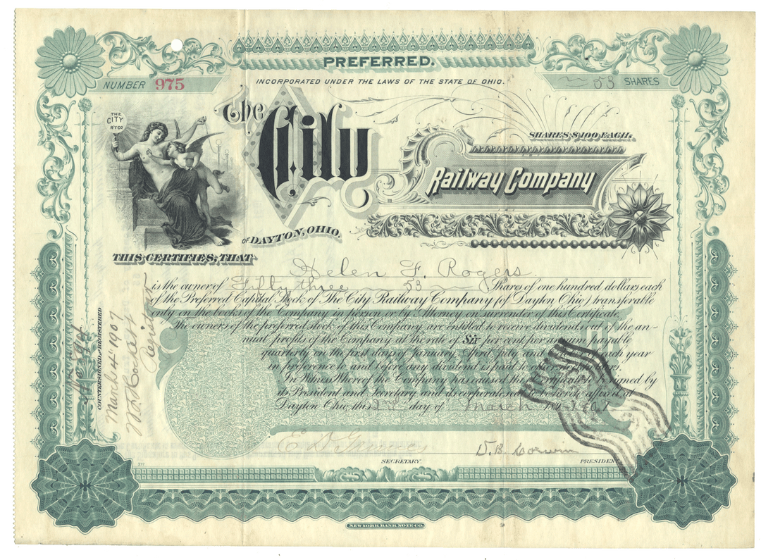 An antique stock certificate from the City Railway Company of Dayton, Ohio, dated 1901.