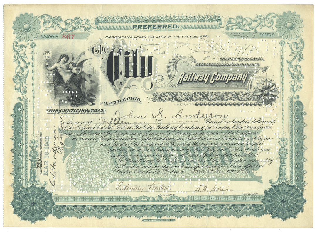 Vintage stock certificate for the City Railway Company with decorative elements.