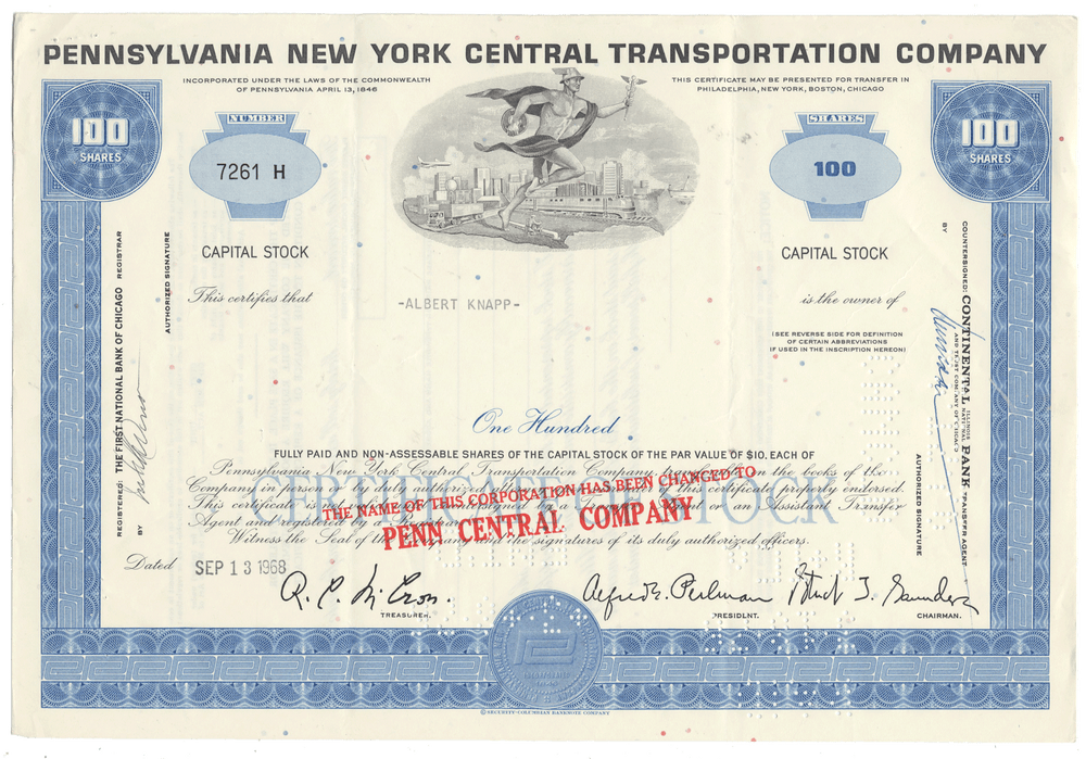 Vintage stock certificate from Pennsylvania New York Central Transportation Company with blue and white design.