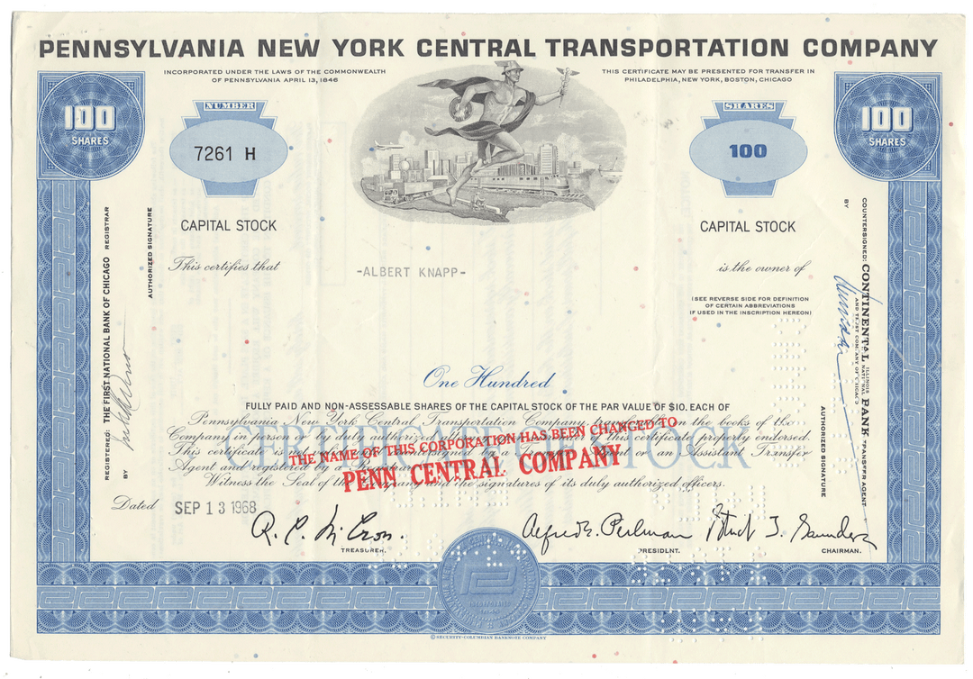 Vintage stock certificate from Pennsylvania New York Central Transportation Company with blue and white design.