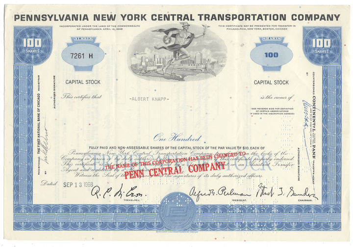 Vintage stock certificate from Pennsylvania New York Central Transportation Company with blue and white design.
