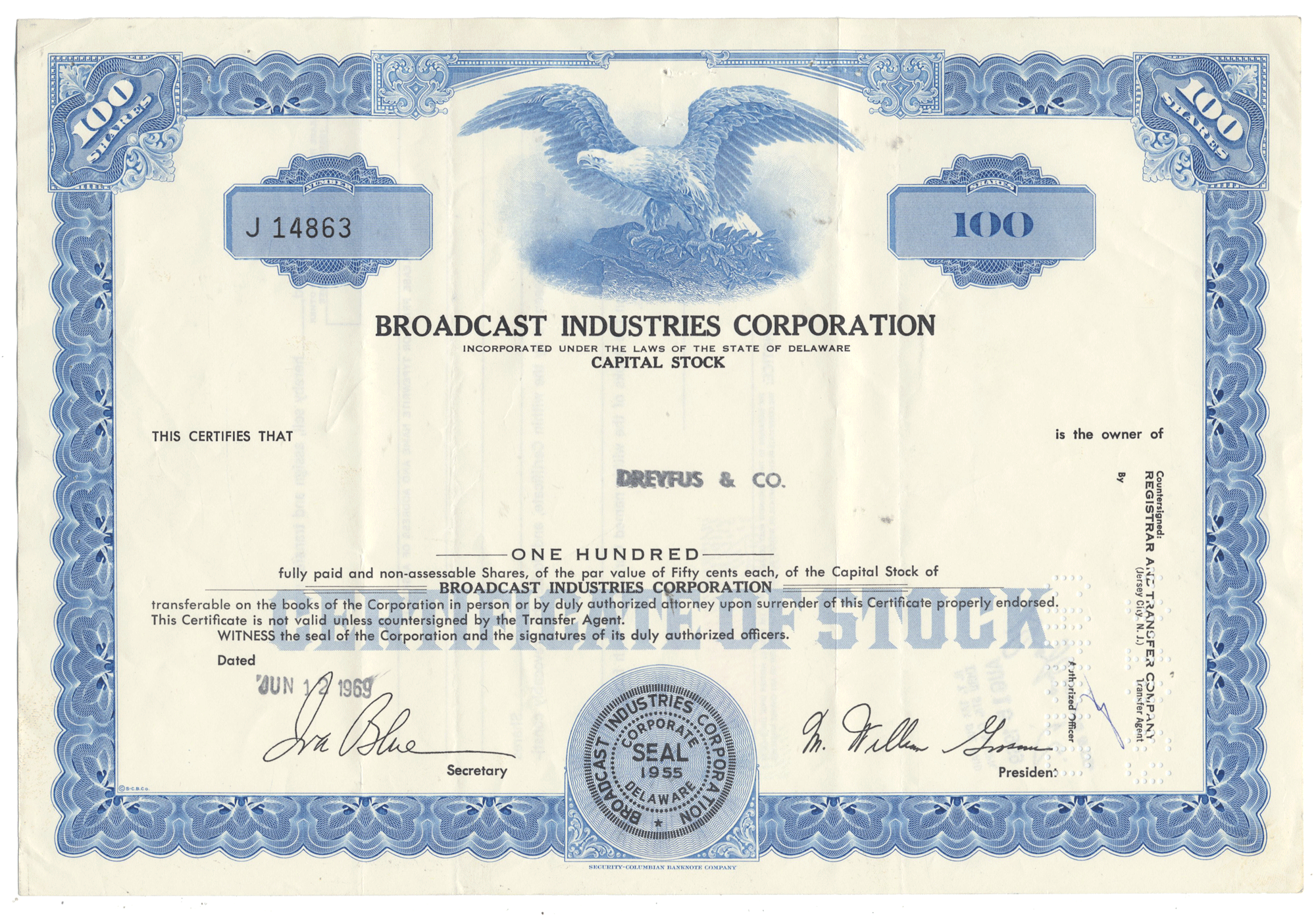 Vintage stock certificate from Broadcast Industries Corporation with an eagle emblem.