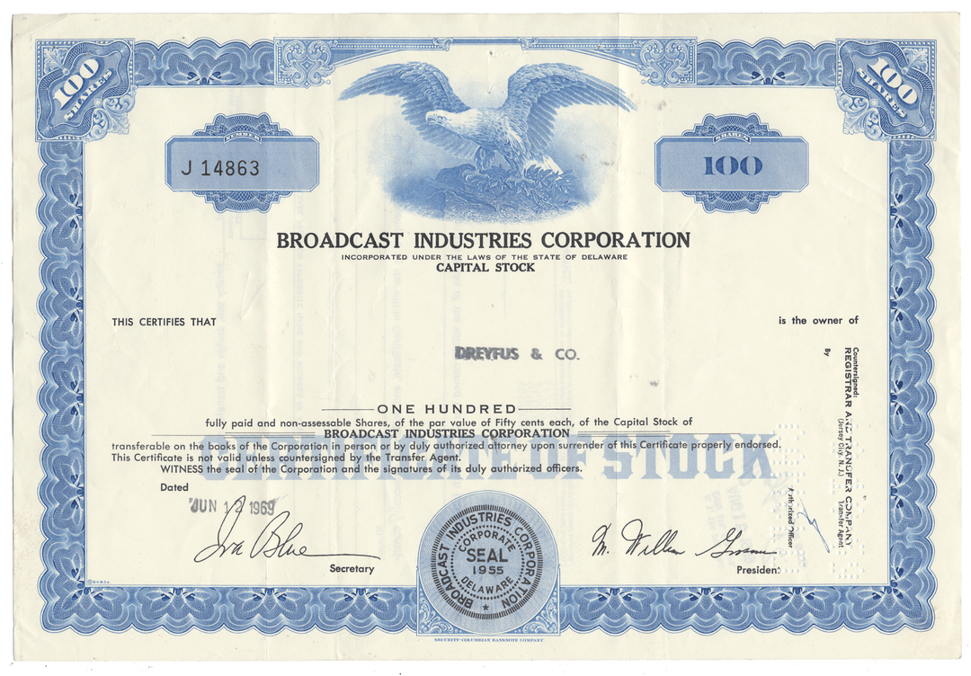 Vintage stock certificate from Broadcast Industries Corporation with an eagle emblem.