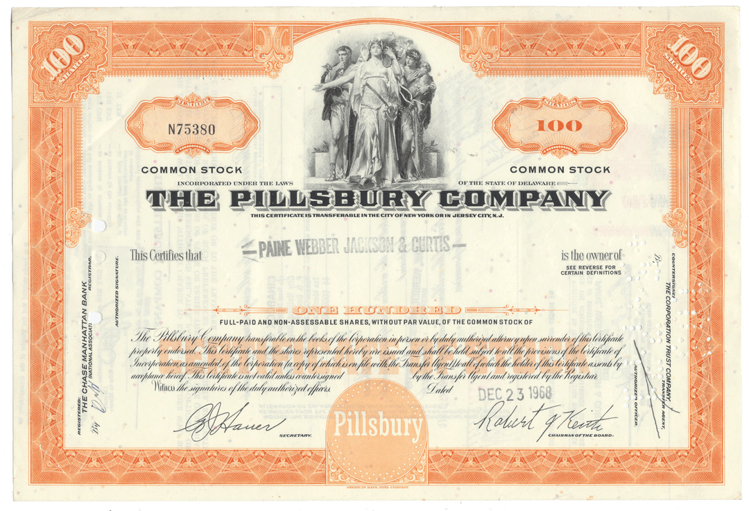Vintage stock certificate of The Pillsbury Company with an illustration of three figures.