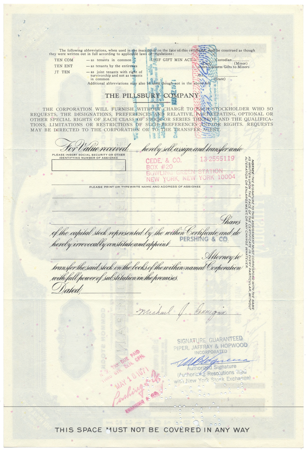 Pillsbury Company Stock Certificate