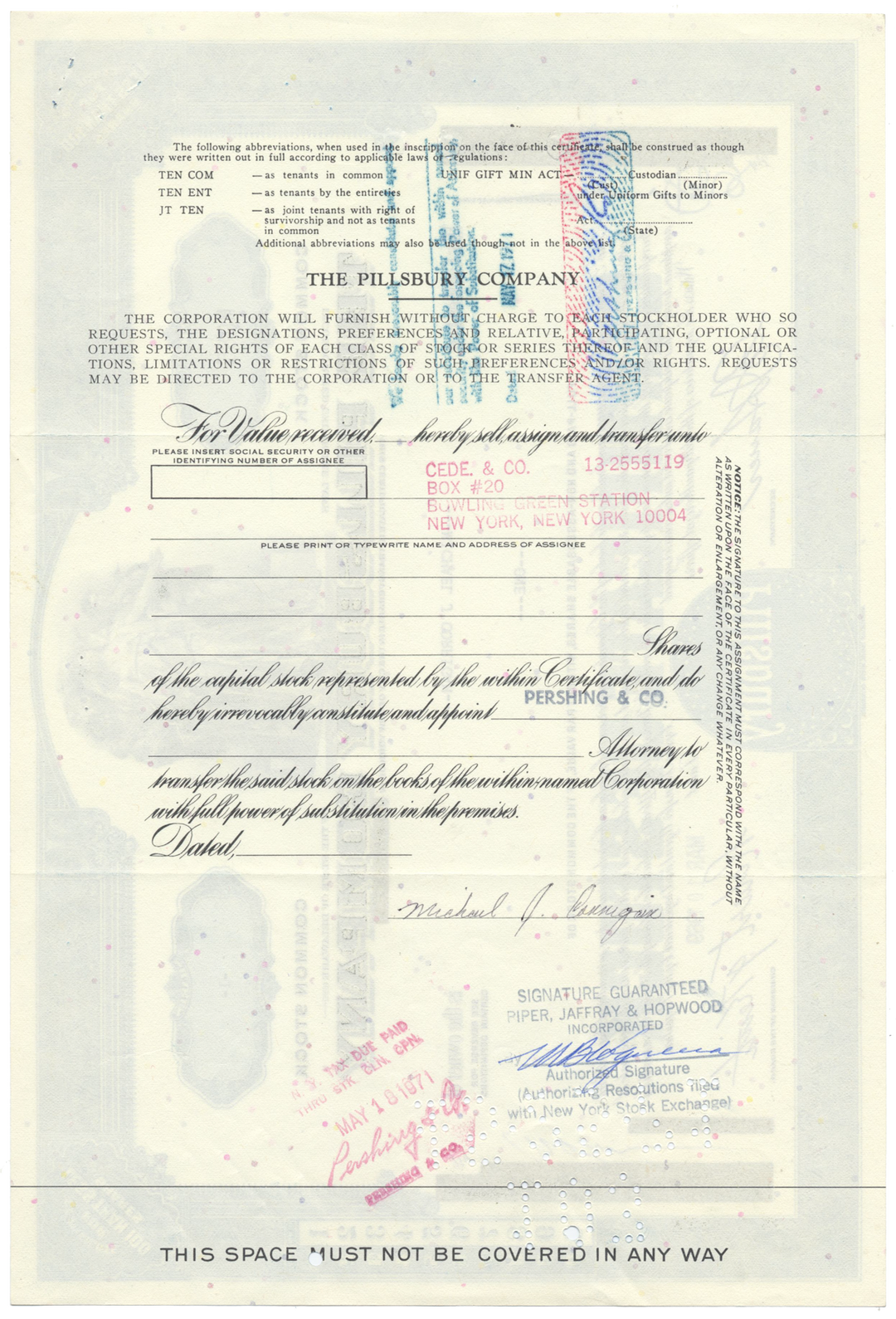 Pillsbury Company Stock Certificate